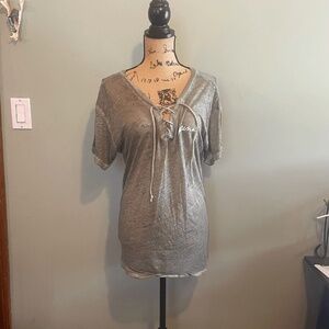 Pink Victorias Secret Womens Lace Up Short‎ Sleeve T Shirt Gray XS